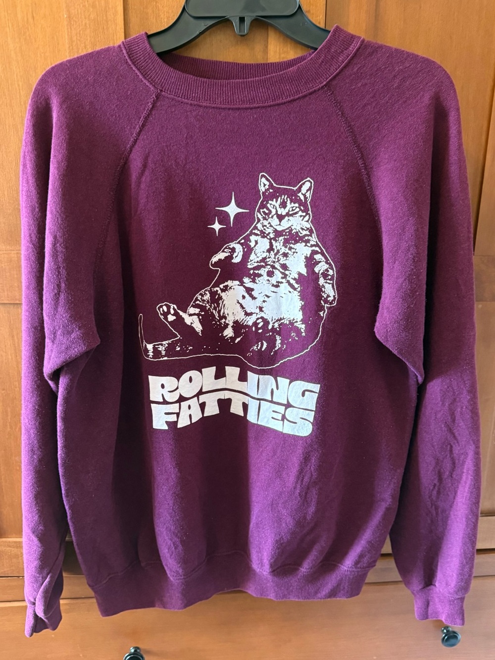 Rolling Fatties Cat Sweatshirt on Vintage 80s Hanes USA Blank - Size L Plum